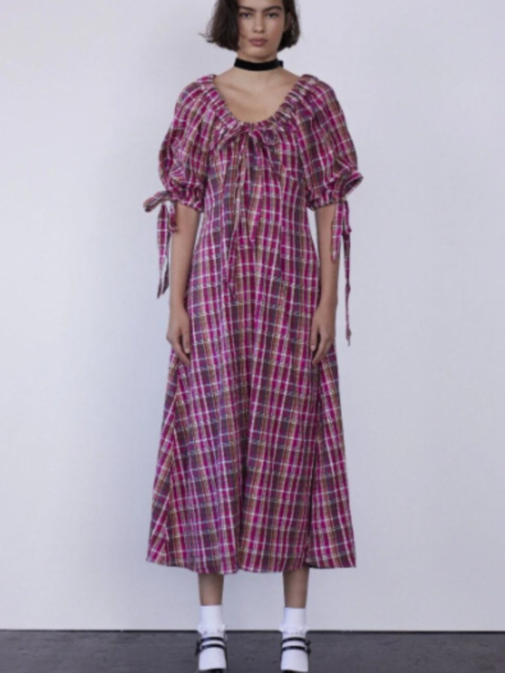 DAMSON MADDER Red Plaid Midi Dress with Tie Front